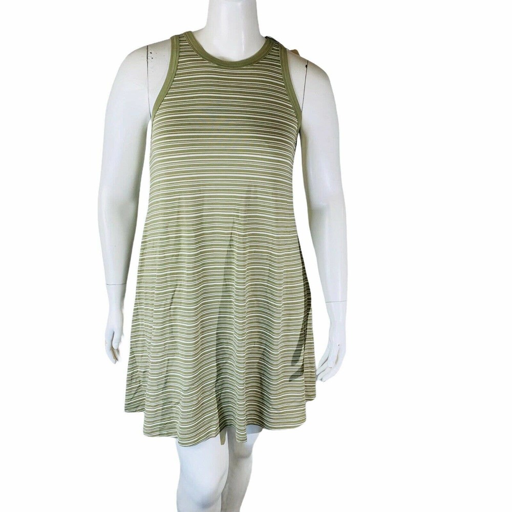 New A New Day Large Striped Dress Tank Olive Green White Stretch Swing NWT